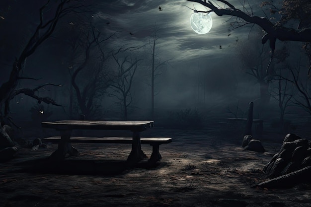 Spooky forest with dead trees full moon on background and wooden board