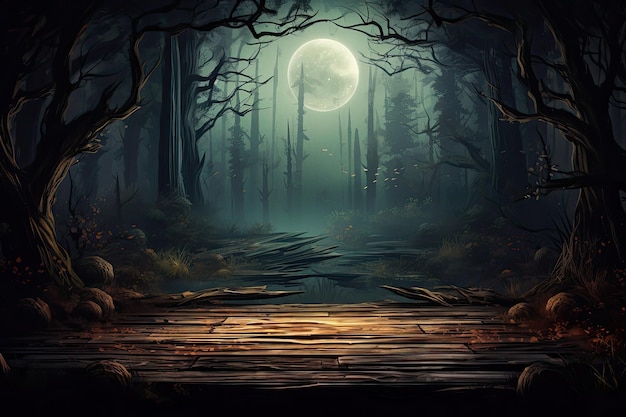 Spooky forest with dead trees full moon on background and wooden board