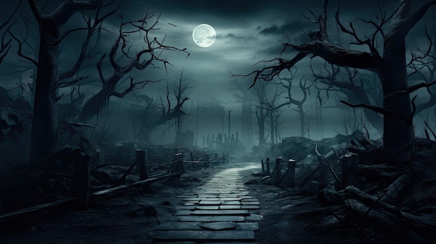 Spooky forest with dead trees full moon on background and wooden board