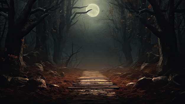 Spooky forest with dead trees full moon on background and wooden board