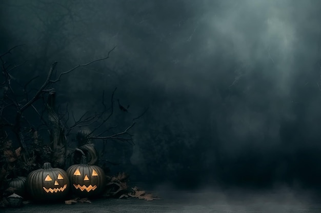 Photo spooky forest with evil glowing eyes of jack o' lanterns on a scary halloween night