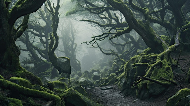 A spooky forest with mist and gnarled trees