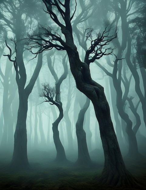 Photo a spooky forest with twisted trees and glowing eyes