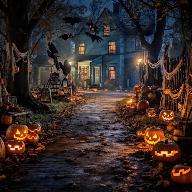 Photo a spooky front yard adorned with eerie jacko'lanterns and cobwebs