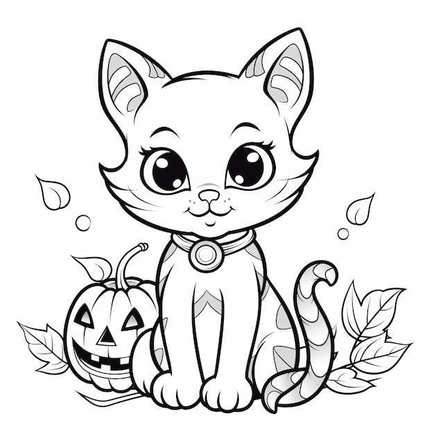 Spooky Fun Easy Halloween Cat Coloring Page No Background | Premium AI