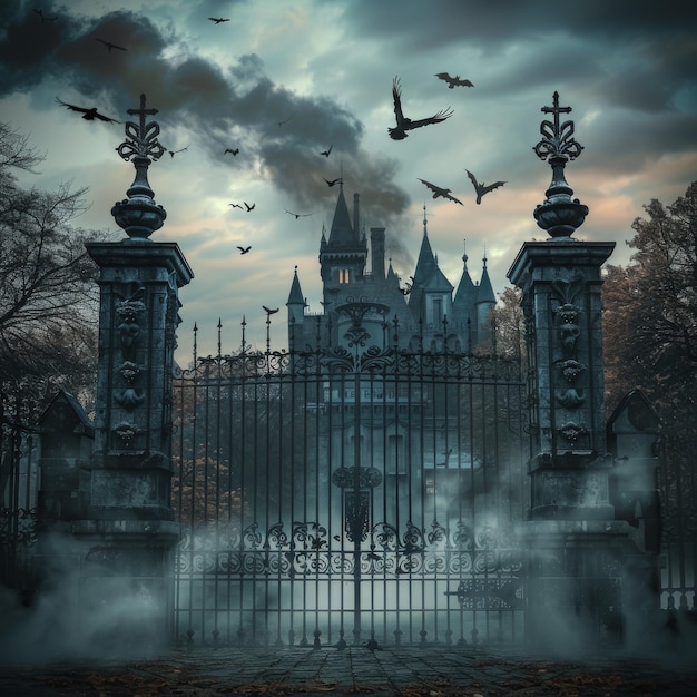 A spooky gate with crows and fog from a fairy tale