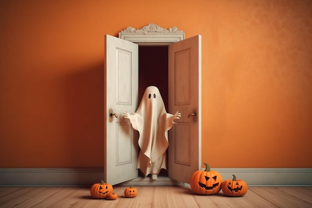 Spooky ghost emerging from an open door on Halloween scene Created with Generative AI technology