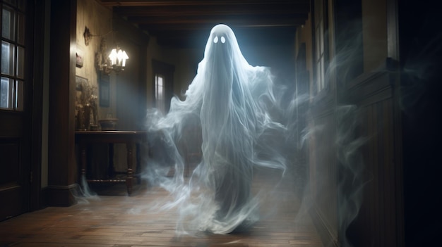 Spooky ghost floating through a dark hallway with a transparent figure