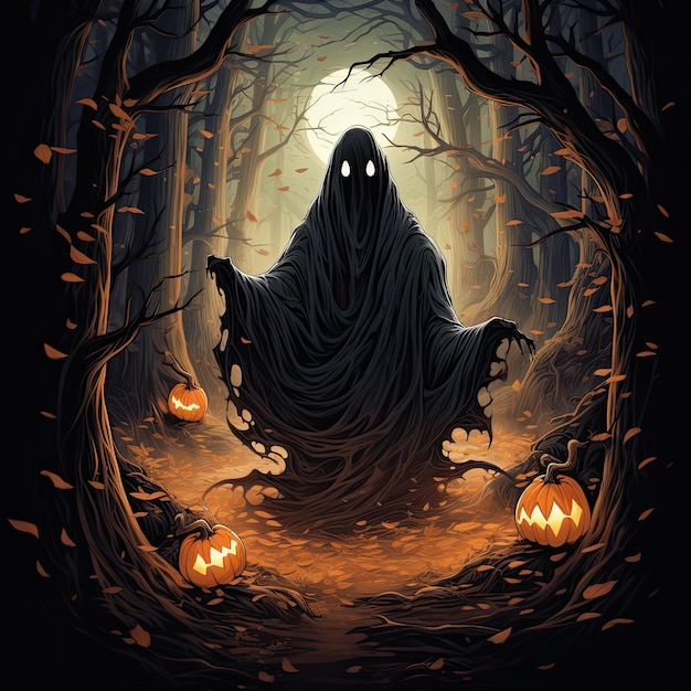 a spooky ghost is in the woods.