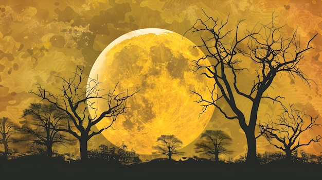 Photo spooky gothic landscape with yellow full moon and silhouetted bare trees for halloween atmosphere