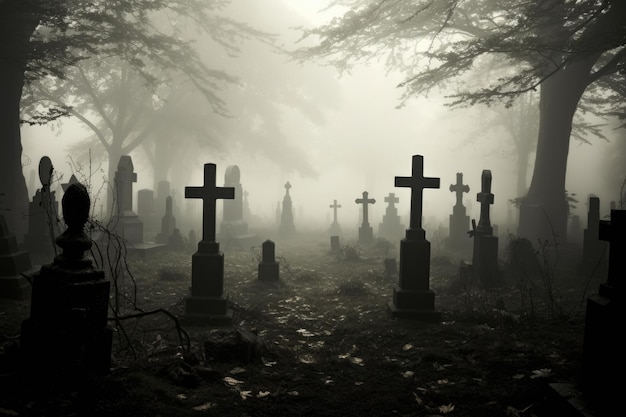 Premium AI Image | Spooky Graveyard in Black and White Mist Eerie ...