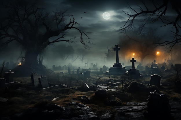 a spooky graveyard in a dark night halloween