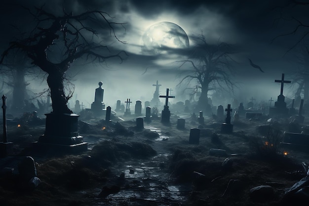 a spooky graveyard in the dark