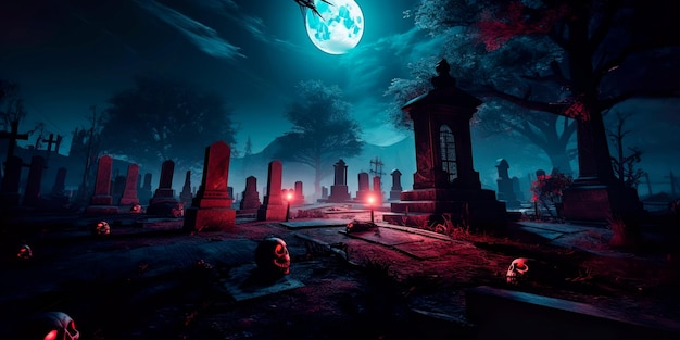 Spooky graveyard at midnight with tombstones bats and a full moon casting an eerie glow