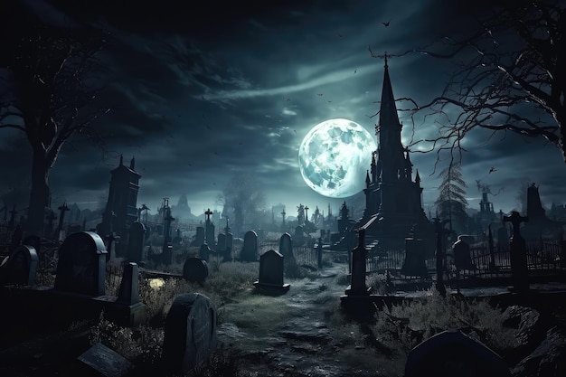Spooky graveyard at night with full moon Halloween concept