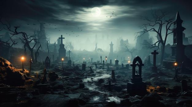 Spooky graveyard tombstones amid fog full moon in background halloween eerie atmosphere