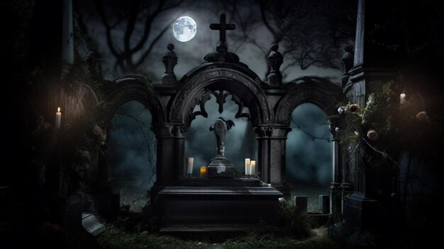 A spooky graveyard with a cross in the middle of the night.