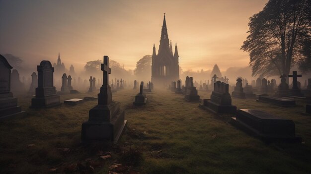 A spooky graveyard with fog and mist surrounding