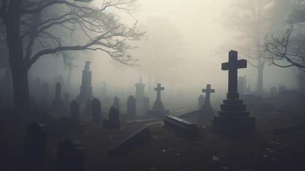 A spooky graveyard with fog and mist surrounding