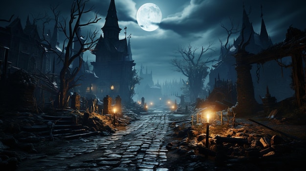 A spooky graveyard with a full moon