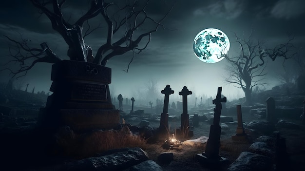 A spooky graveyard with a moon in the sky