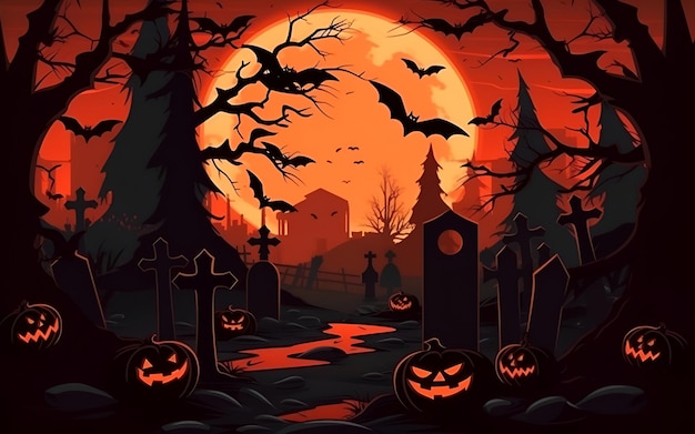 A spooky graveyard with pumpkins and cemetery in the background.