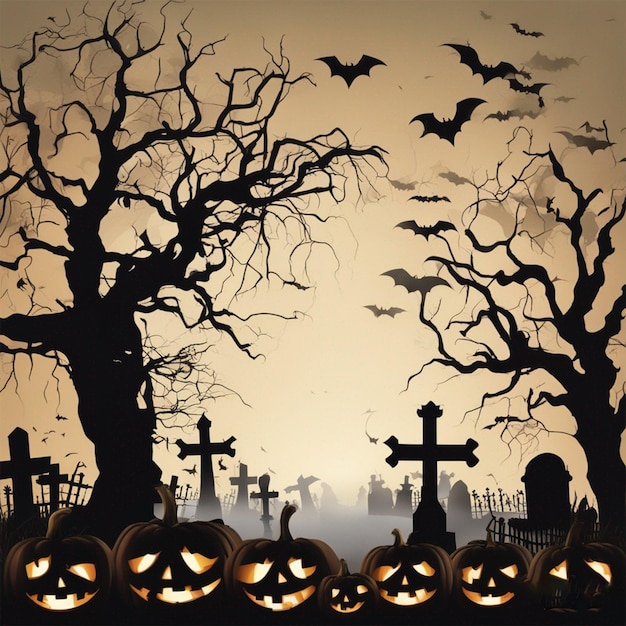 Spooky halloween achtergrond met pompoenen in een begraafplaats ai gegenereerd