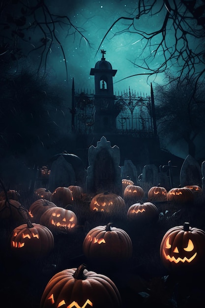 Spooky Halloween backdrop with pumpkins in a cemetery on a chilling night