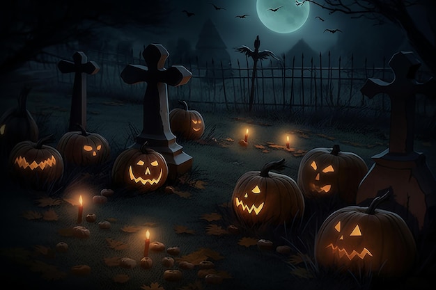 Spooky Halloween backdrop with pumpkins in a cemetery on a chilling night