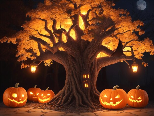 Жуткий лес на Хэллоуин с домом с привидениями, тыквой и полной луной