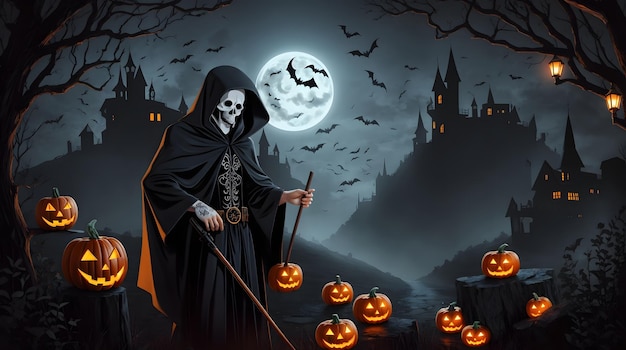 Spooky Halloween Background Scary Night Illustration Pumpkin Decoration AI Generative