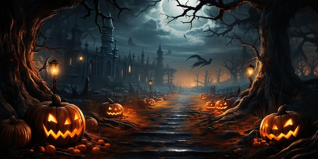 Spooky Halloween Background with Jack O Lanterns Grave Yard and Scary Trees Generative AI