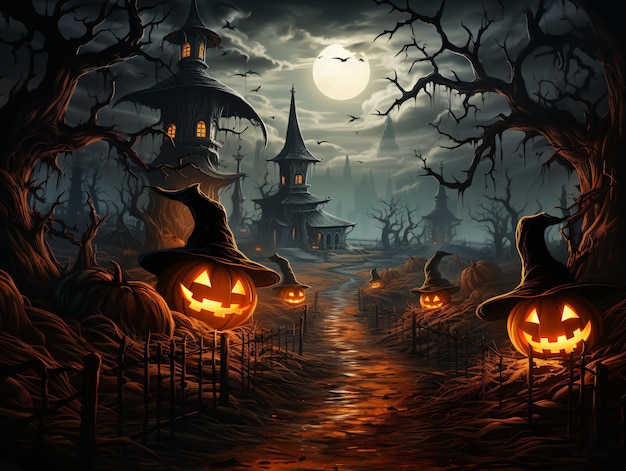 Жуткий фон Хэллоуина с могильным двором фонарей Джека О и страшными деревьями Генеративный ИИ