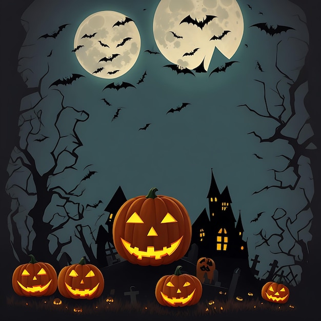 spooky halloween background with pumpkins in a cemetery