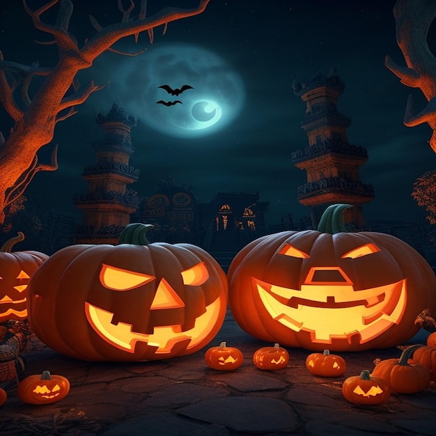 spooky halloween background with pumpkins in a cemetery