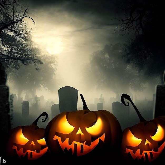 spooky halloween background with pumpkins in a cemetery