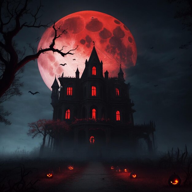 Жуткий замок Хэллоуина в темной деревне