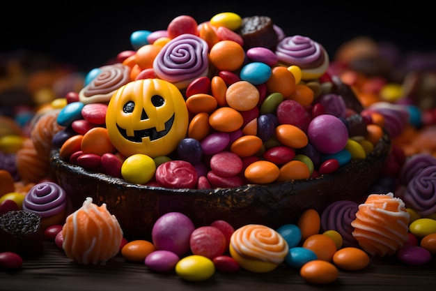 Spooky Halloween Decor Arafed Bowl of Candy with a JackoLantern Face on Top Generative AI