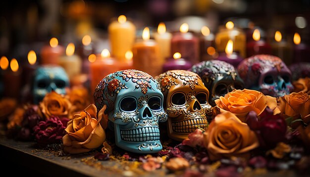 Foto decorazione spettrale di halloween candela teschio fiore scura persona morta generata dall'ai