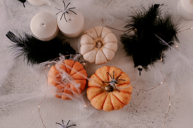 Spooky Halloween decoration with different pumpkins, light, spiders. 