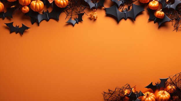 Spooky halloween decorations vibrant orange background with an abundance of bats and pumpkins genera.