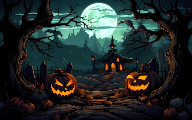 Spooky Halloween enge pompoen en volle maan nacht achtergrond