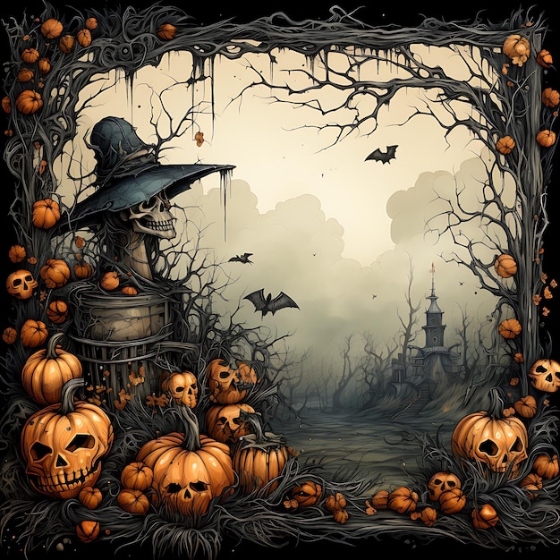 spooky Halloween frame Clipart pumpkins witches