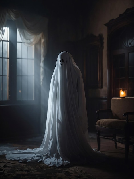 Photo spooky halloween ghost in eerie mansio generated by ai