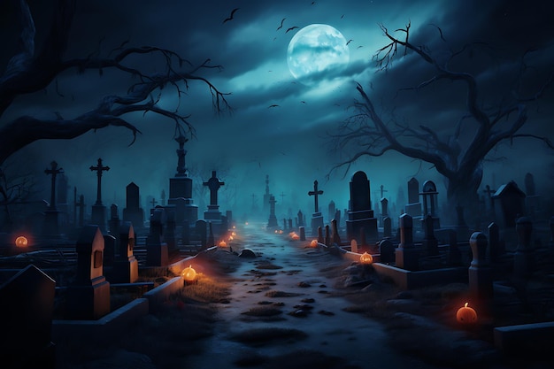 a spooky halloween graveyard with a full moon in the background