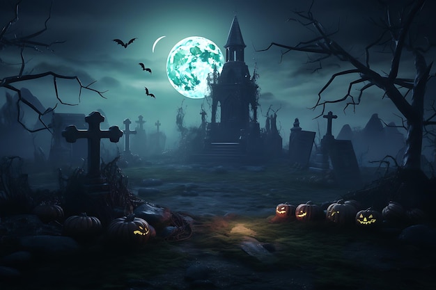 a spooky halloween graveyard with a moon in the background