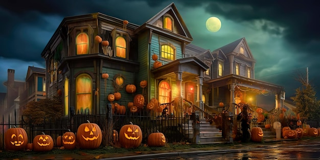 Spooky Halloween homes Pumpkins and Jack O'lanterns foggy moon night exterior Generative AI