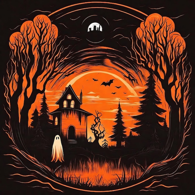 Spooky Halloween illustratie pompoenen kasteel Generatieve Ai