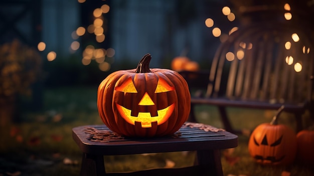 Spooky Halloween JackO'Lantern Pumpkin on a Chair