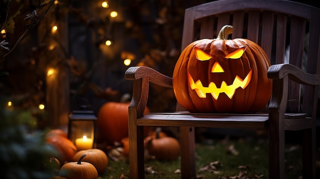 Жуткая Хэллоуинская тыква JackO'Lantern на стуле